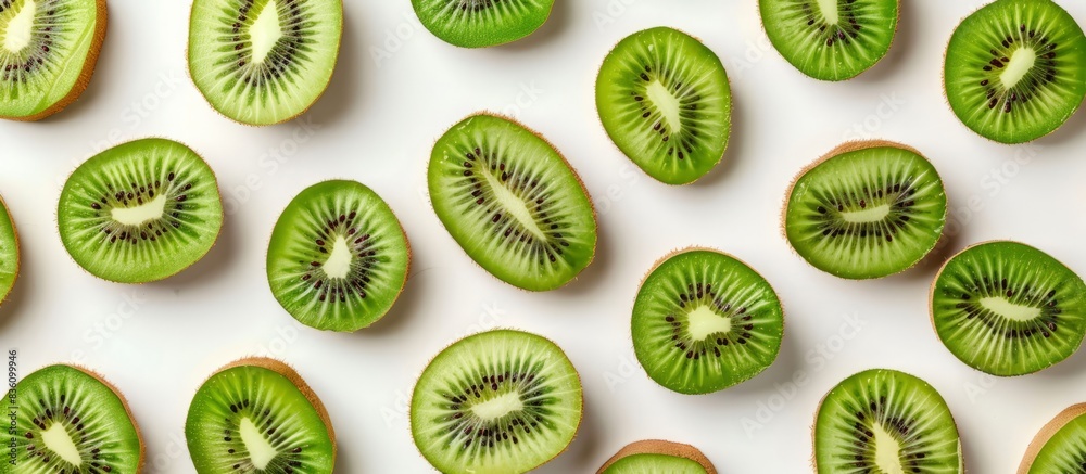 Fototapeta premium Close-up of kiwi cut into large slices on a white background, top view, agribusiness business concept, organic healthy food and non-GMO fruits with copy space