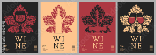 Set of modern line art magazine covers or posters with wine bottles, glasses and abstract texture. Restaurant menu design. Vector illustration