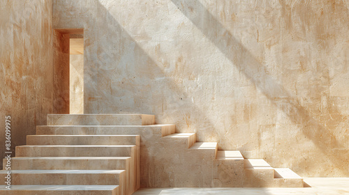 Minimalist architectural scene with primitive shapes and steps, designed for catalog and poster backgrounds