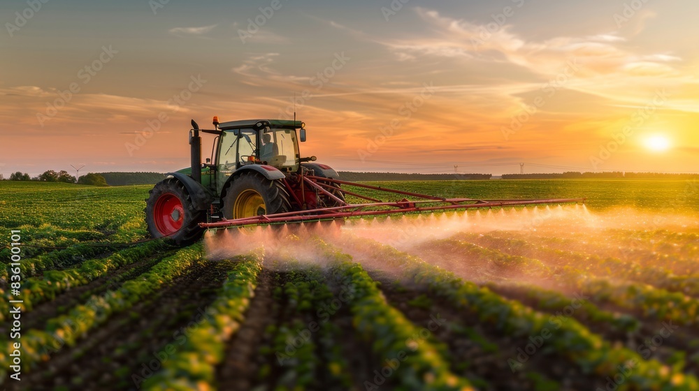 Farmer rides on a tractor and waters the fields, agricultural business concept