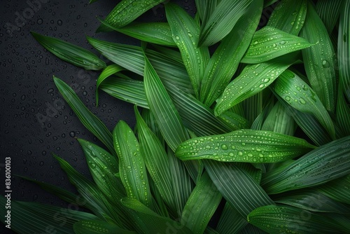 Close-up of lush green leaves with dewdrops, creating a refreshing natural texture and vibrant foliage background.