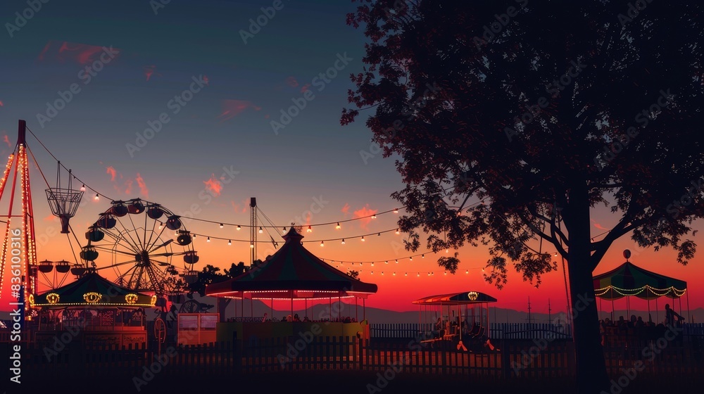 A carnival with a Ferris wheel and other rides A carnival with a Ferris wheel and other rides