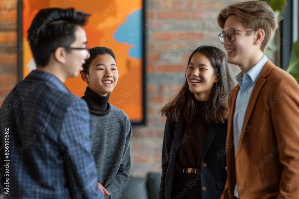 four young people talking to each other in an office
four young people talking to each other in an office