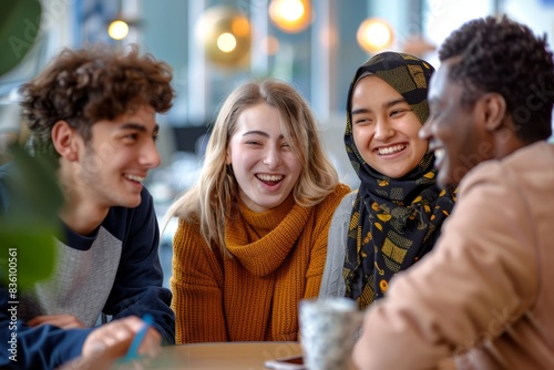 four young people sitting at a table and smiling
