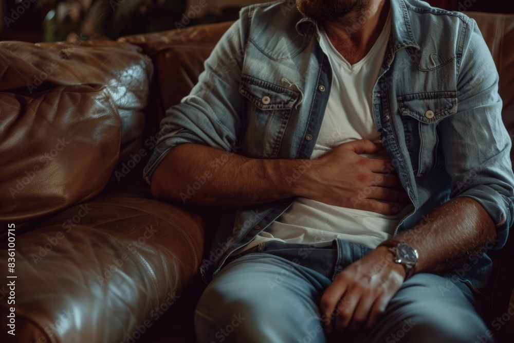 Fototapeta premium a man sitting on a couch with his hands on his stomach 