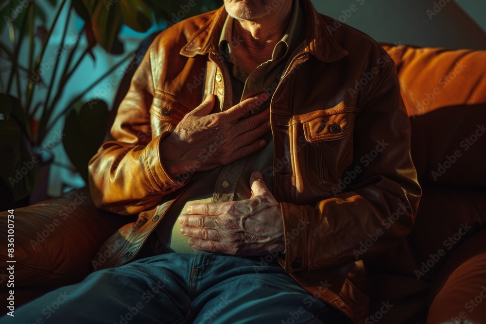 Obraz premium an elderly man sitting on a couch with his hands on his chest 