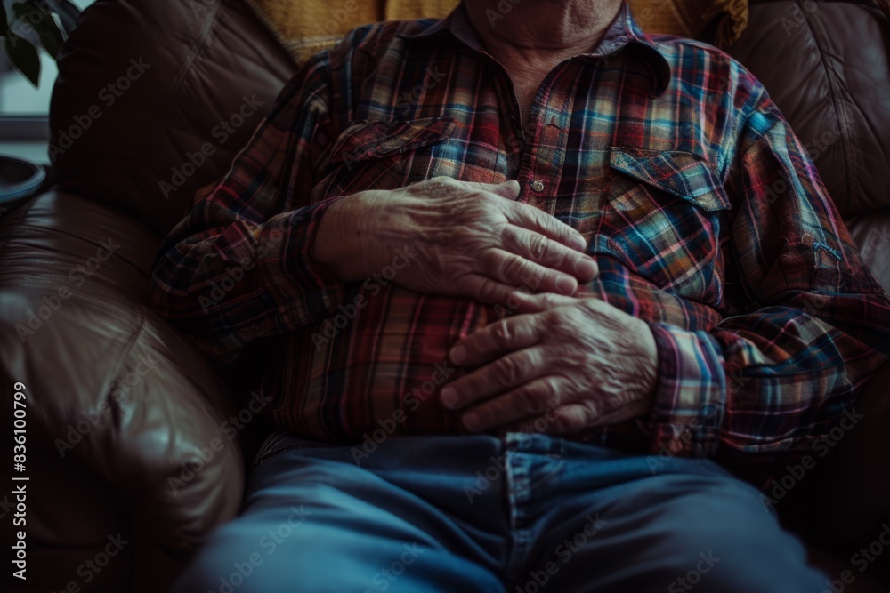 an elderly man sitting on a couch with his hands on his stomach
an elderly man sitting on a couch with his hands on his stomach