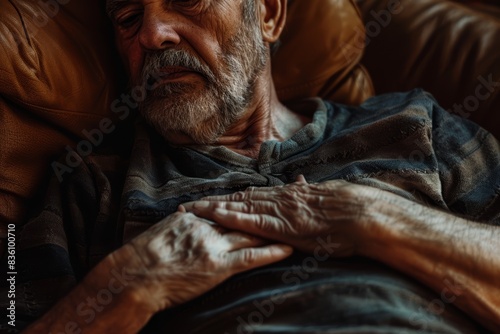 an elderly man is sleeping on a couch
 photo