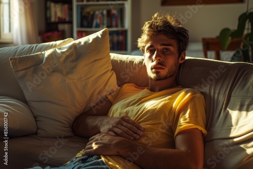 a man laying on a couch
