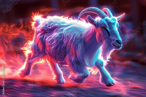 a running goat with neon effect photo