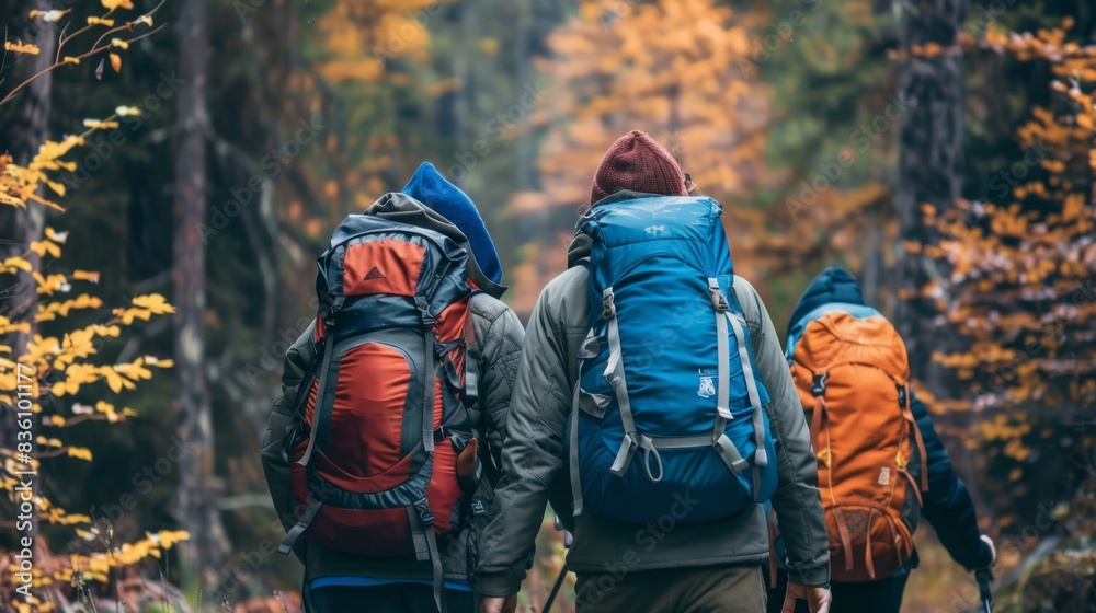 a group of hikers with backpacks hiking in autumn forest, rear view a group of hikers with backpacks hiking in autumn forest, rear view