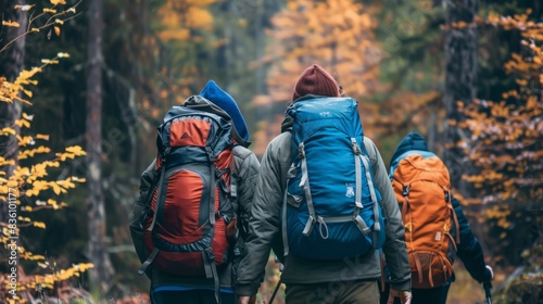 a group of hikers with backpacks hiking in autumn forest, rear view © PLUT_OFF