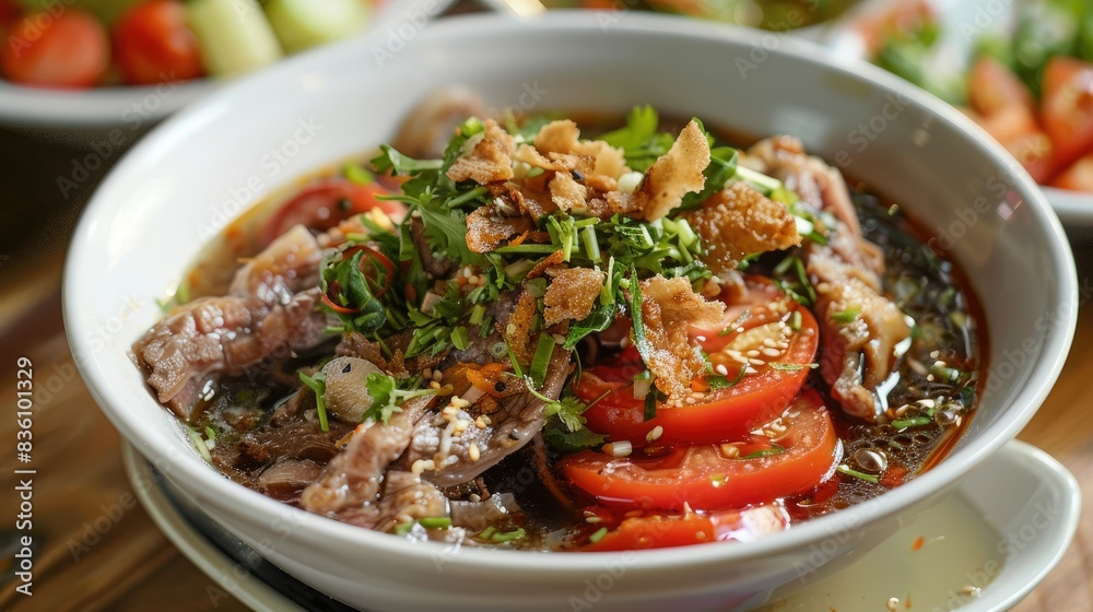 A delicious bowl of featuring tender pork blood, tomatoes, crispy pork rinds, and fresh herbs, served with raw vegetables. A delicious bowl of featuring tender pork blood, tomatoes, crispy pork rinds, and fresh herbs, served with raw vegetables.