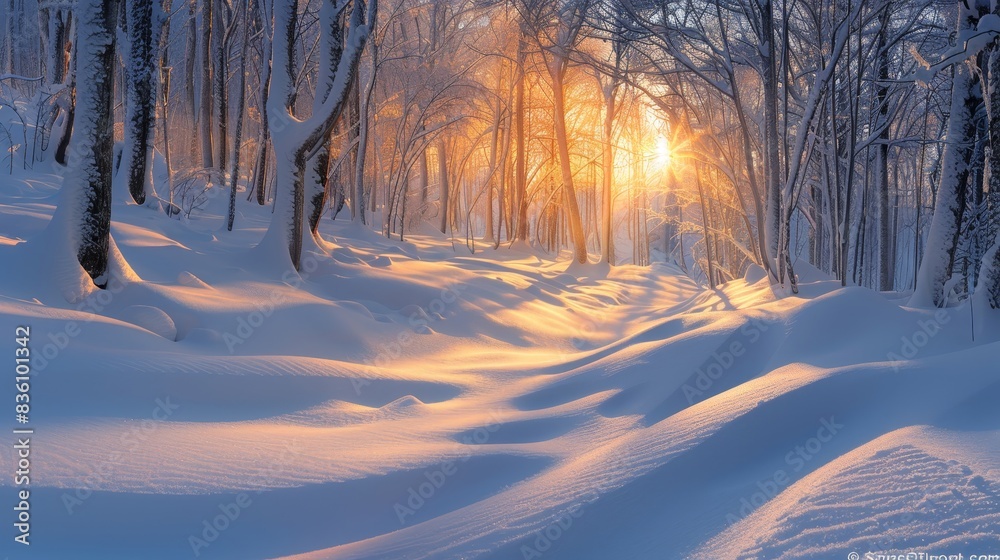 A magical winter sunrise illuminates a snow-covered forest path. The golden light filters through the trees, creating a serene and beautiful scene.