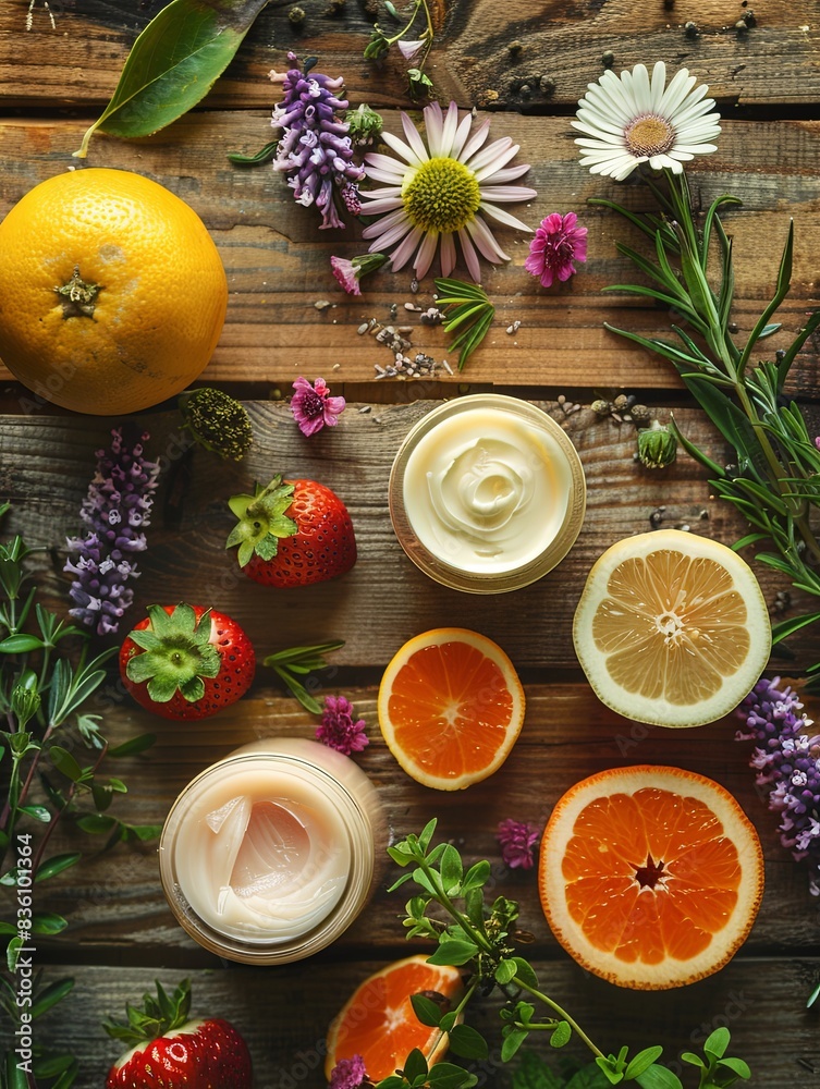 Natural creams and lotions displayed on a rustic wooden table, surrounded by citrus fruits, herbs, and flowers. Generative AI Natural creams and lotions displayed on a rustic wooden table, surrounded by citrus fruits, herbs, and flowers. Generative AI