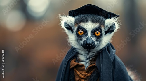 A lemur wearing a graduation cap and gown looks directly at the camera with a serious expression.