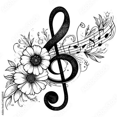 music background with clef and flowers, good teste of music, treble clef with flower element, editable stroke, vector art ready for your brand.