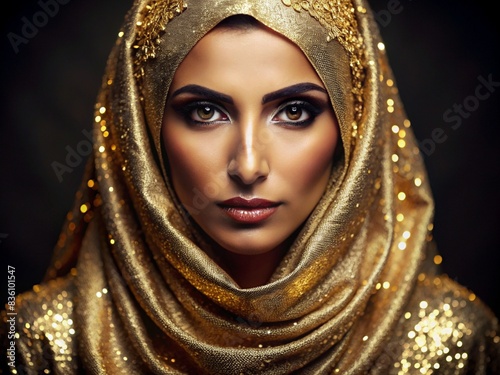 Beautiful Woman Wearing a Golden Headscarf