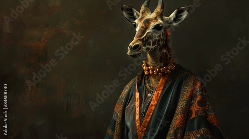 A giraffe with a human body, dressed in a traditional robe, looks directly at the viewer against a dark background.