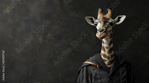 A giraffe wearing a black robe, looking curiously at the camera.  The background is a dark, textured wall. photo