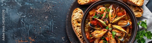 Close up of a bowl of seafood stew with crusty bread. photo
