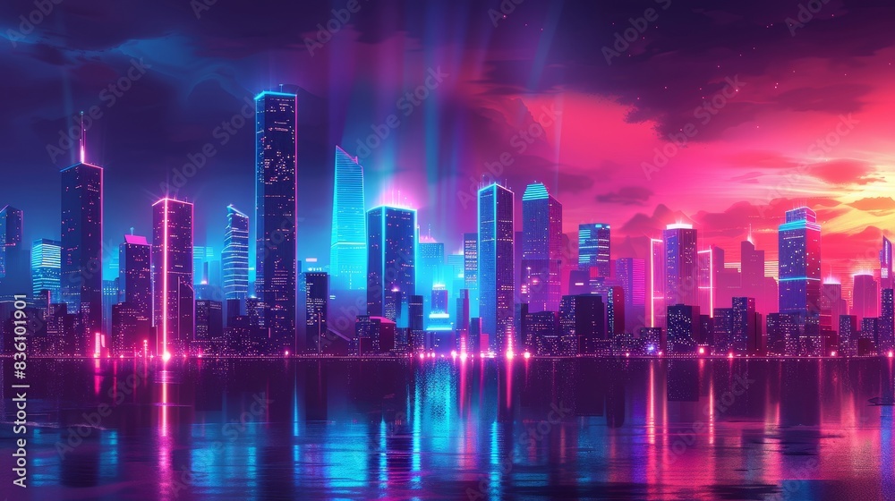 A futuristic city skyline with neon lights reflecting in the water.
