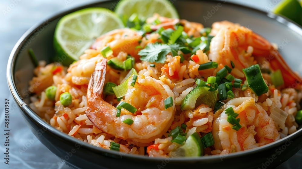 A delicious serving of featuring shrimp paste rice, fresh vegetables, and tangy lime wedges A delicious serving of featuring shrimp paste rice, fresh vegetables, and tangy lime wedges