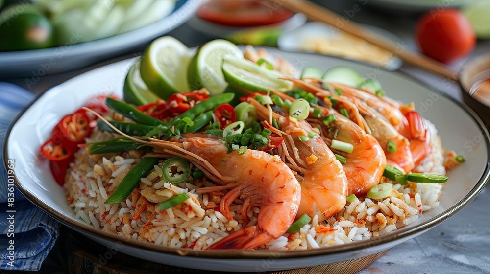 A delicious serving of featuring shrimp paste rice, fresh vegetables, and tangy lime wedges A delicious serving of featuring shrimp paste rice, fresh vegetables, and tangy lime wedges