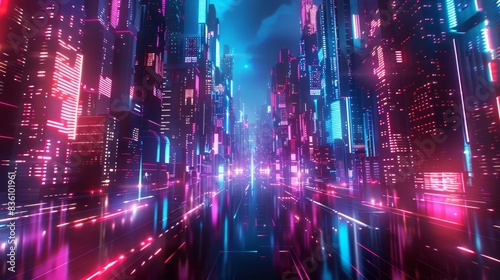 A futuristic city alleyway glows with neon light, reflecting on a wet pavement. The towering buildings create a sense of mystery and wonder.