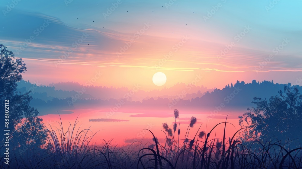 Naklejka premium A beautiful sunset over a lake with a few birds flying in the sky