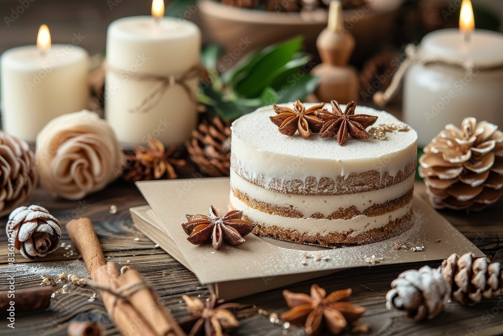 A tasteful white layered cake with star anise and pine cone decorations among candles on a wooden table A tasteful white layered cake with star anise and pine cone decorations among candles on a wooden table