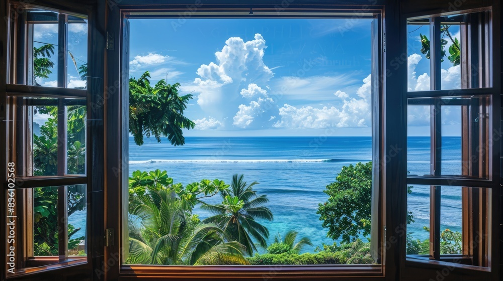 Ocean view through a window towards the island retreat Ocean view through a window towards the island retreat