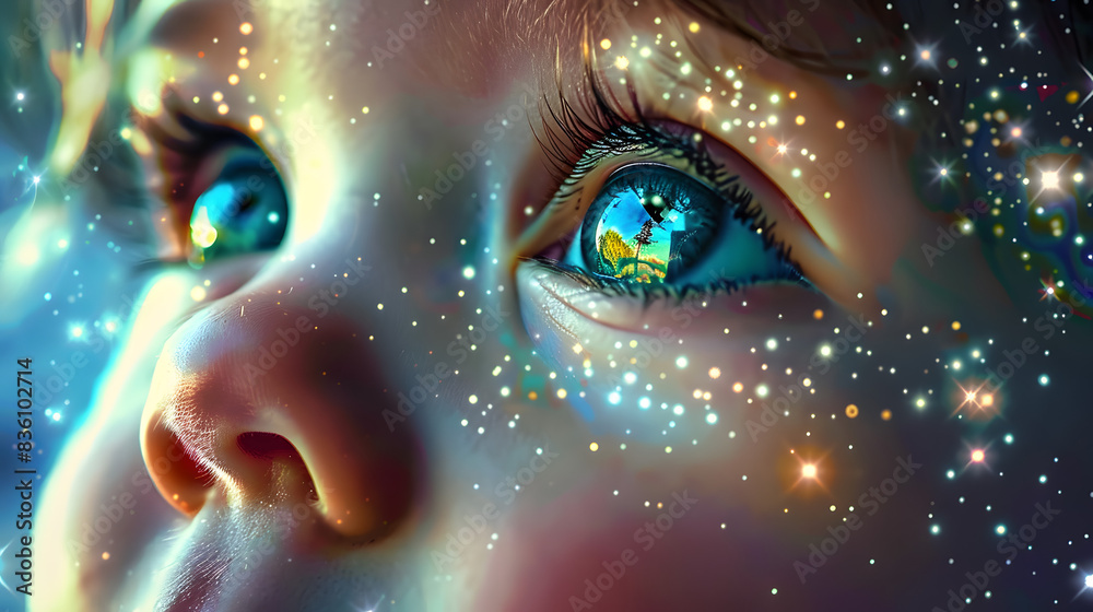 Beautiful blue eye macro shot of a child, Galax sparkels around Beautiful blue eye macro shot of a child, Galax sparkels around