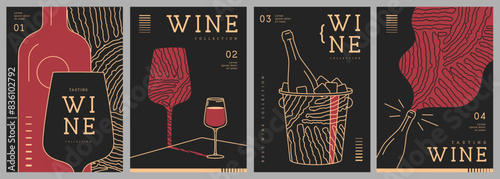 Set of modern line art magazine covers or posters with wine bottles, glasses and abstract texture. Restaurant menu design. Vector illustration