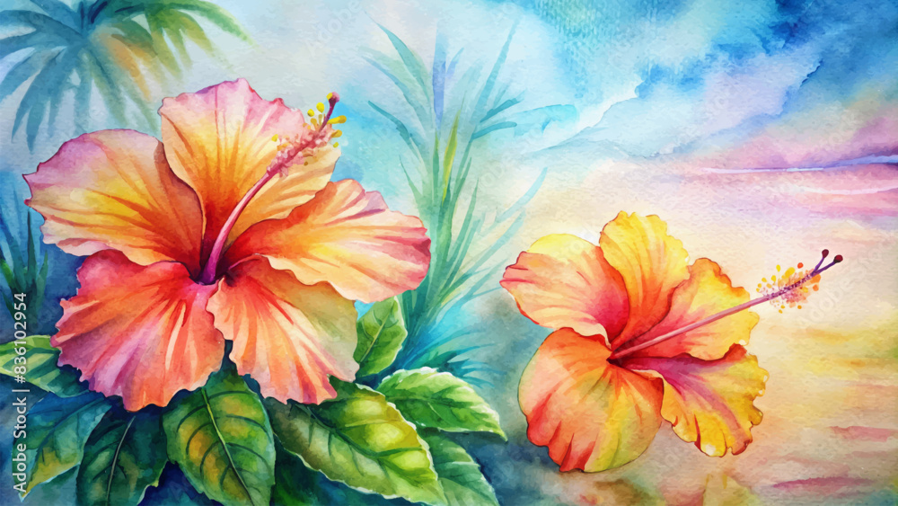 Watercolor background featuring hibiscus flowers Watercolor background featuring hibiscus flowers