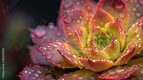 Raindrops on a succulent flower post rainfall seen up close