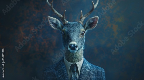 A blue deer wearing a suit and tie looks directly at the camera.