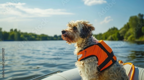 A dog on a boat wearing a life jacket, enjoying a sunny day out on the water with its owner.
