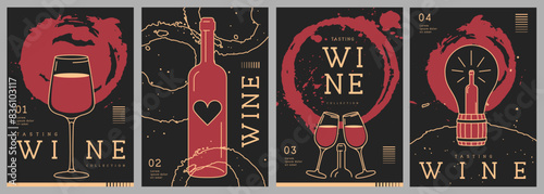 Set of modern line art magazine covers or posters with wine bottles, glasses and abstract texture. Restaurant menu design. Vector illustration
