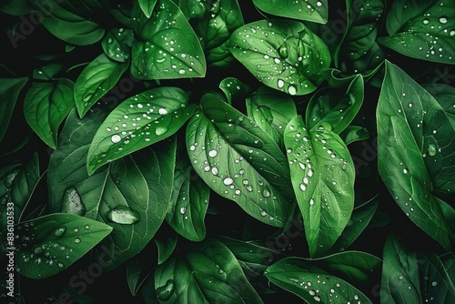 Vibrant green leaves adorned with dew droplets, captured in a close-up shot, showcasing the brilliance of nature's details.