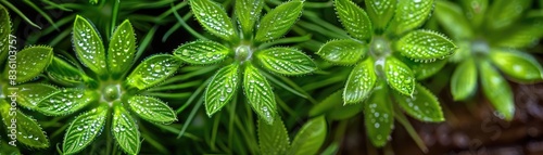 Close-up of vibrant green plants with unique leaf patterns, capturing nature's intricate beauty and freshness in a stunning macro photograph.