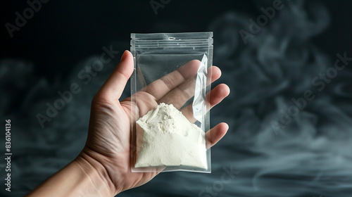 a human palm holding a bag of white powder, most likely a drug, on a black background photo