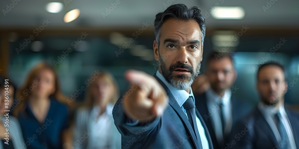 Obraz premium Professional pointing in team meeting blurred colleagues in background teamwork communication highlighted. Concept Teamwork, Professionalism, Communication Skills, Blurred Background