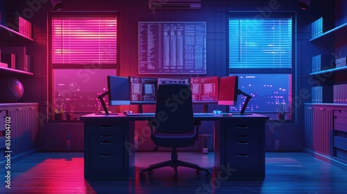 Modern dual-monitor workspace illuminated by vibrant neon lighting, creating an energetic and sleek atmosphere in an office setting. photo