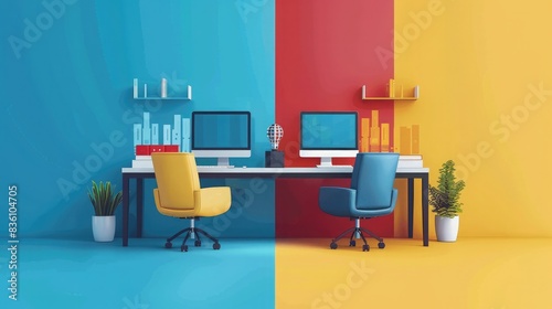 Modern office workspace with contrasting color scheme, featuring two desks, computers, and chairs against blue, red, and yellow walls. photo