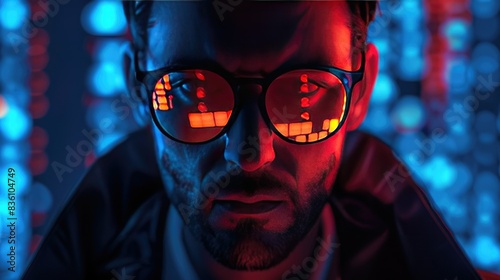 Mysterious man wearing mirrored sunglasses, illuminated by futuristic red and blue digital lights, depicting cyber security and hacking. photo