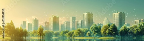 Serene cityscape at sunrise with modern skyscrapers and lush greenery reflecting on a tranquil lake, showcasing urban nature harmony. photo