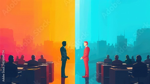 Two business professionals face off in a futuristic, abstract office setting divided by vibrant colors representing contrasting ideas. photo