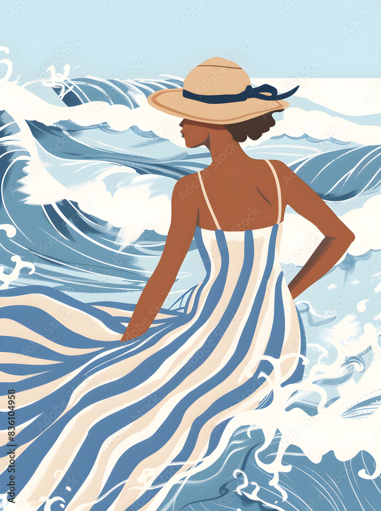 A woman in a blue and white striped dress with brown skin, wearing a hat sitting on top of the waves in the style of Matisse A woman in a blue and white striped dress with brown skin, wearing a hat sitting on top of the waves in the style of Matisse