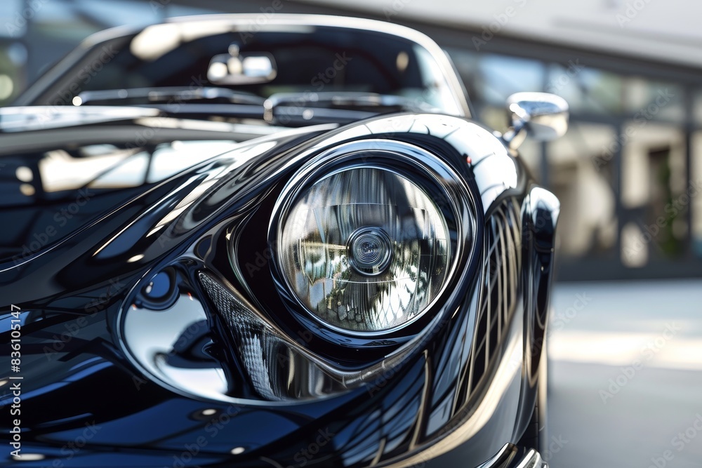 A black car with a shiny headlight. The car is parked in front of a building. The headlight is reflecting the sunlight, creating a bright and shiny effect A black car with a shiny headlight. The car is parked in front of a building. The headlight is reflecting the sunlight, creating a bright and shiny effect